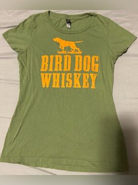 District made Olive Green Tee with Orange Bird Dog Whiskey Graphic- size s